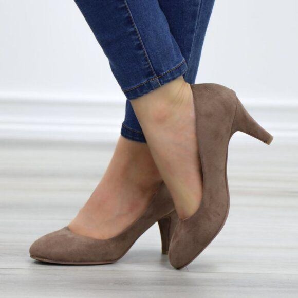 Dark Taupe Suede Round Toe Kitten Low Heel Pumps - Picture 5 of 8